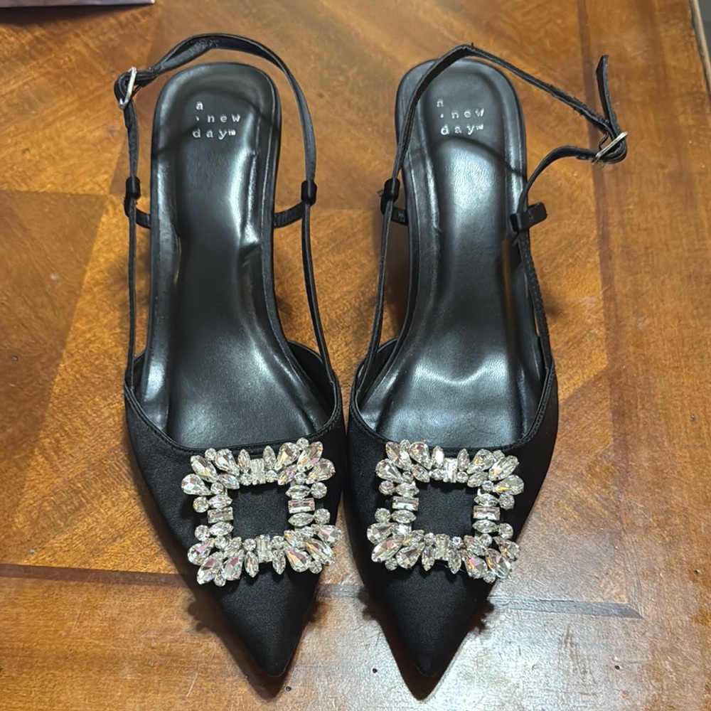 A New Day Black Slingback Heels with Crystal Buckle